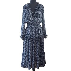 Senlis Navy Blue White Leaves Printed Maxi Dress Sz S Sheer Ruffles Layers Tiers